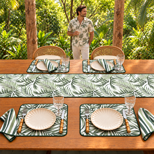 Palm Breeze printed table runner in a tropical pavilion, from the table set by Set My Table