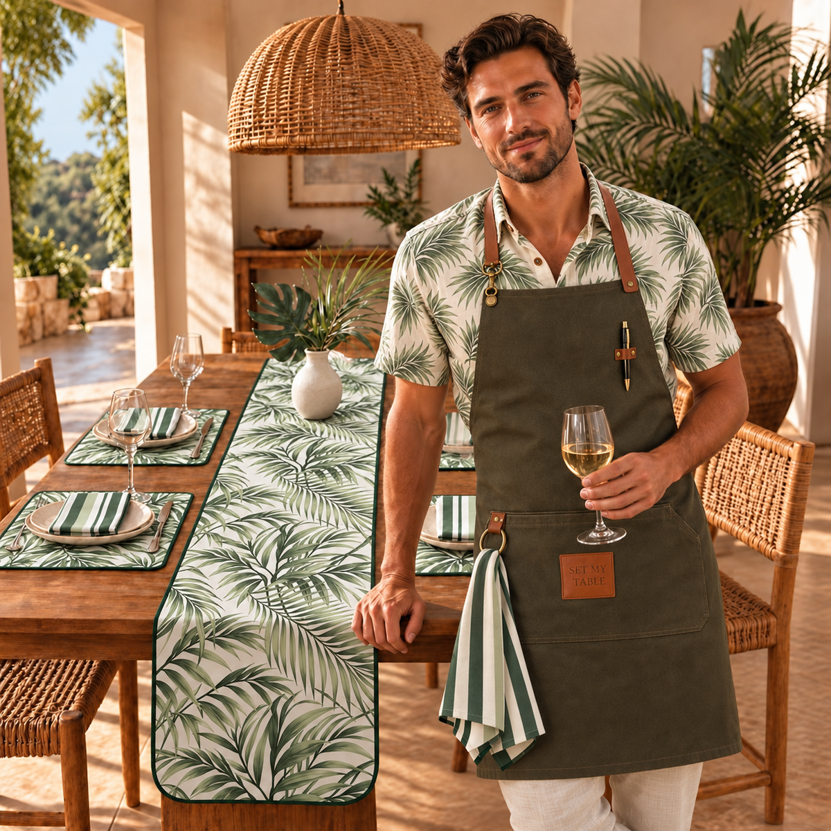 Dark Olive full canvas apron with cognac leather straps and engraved Set My Table badge in a Palm Breeze lifestyle setting.
