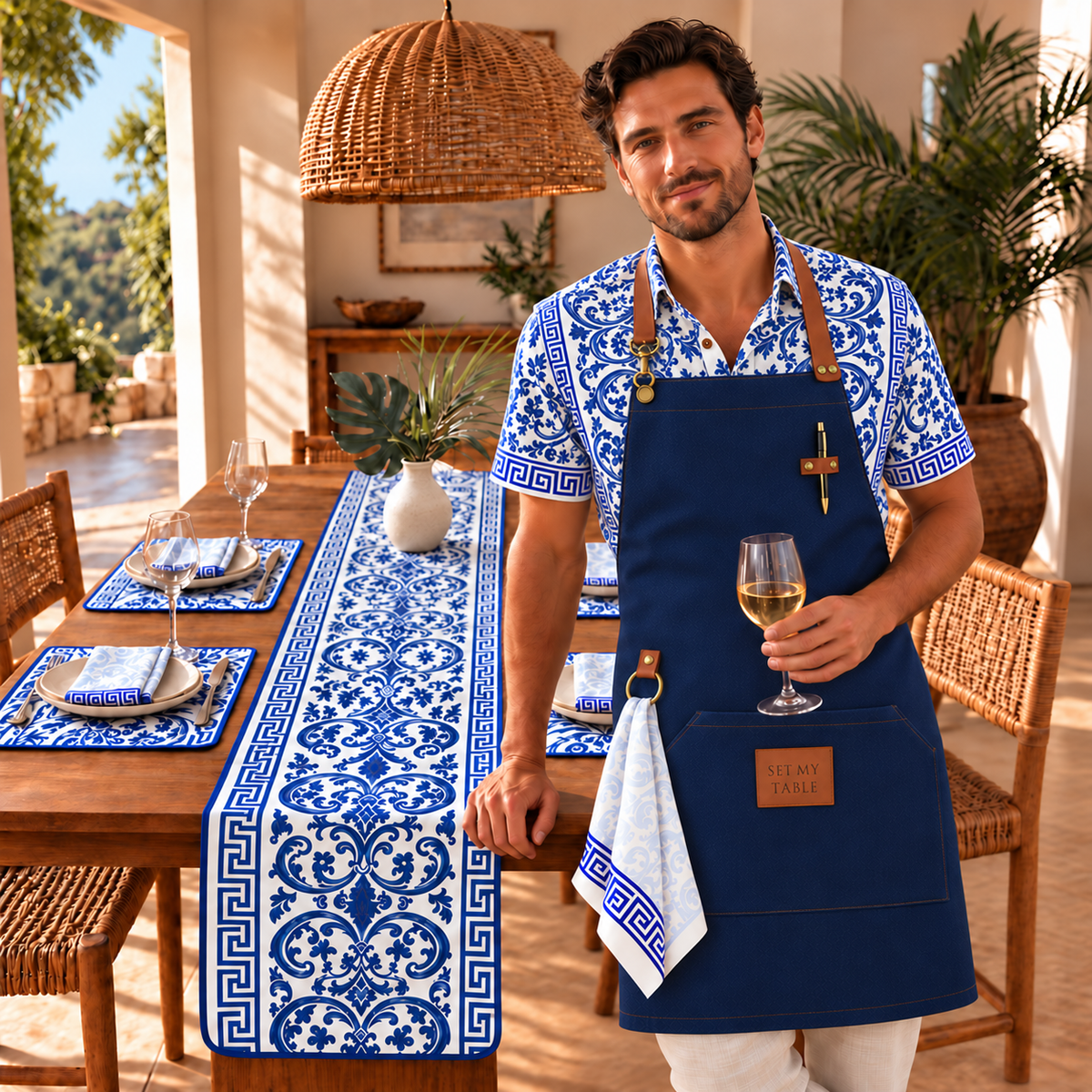 Navy men's full canvas bib apron with asymmetric dungaree clip and two-rivet neckline, one-stud dishcloth ring, two-stud pen holder, SET MY TABLE badge, and Mykonos blue-and-white shirt