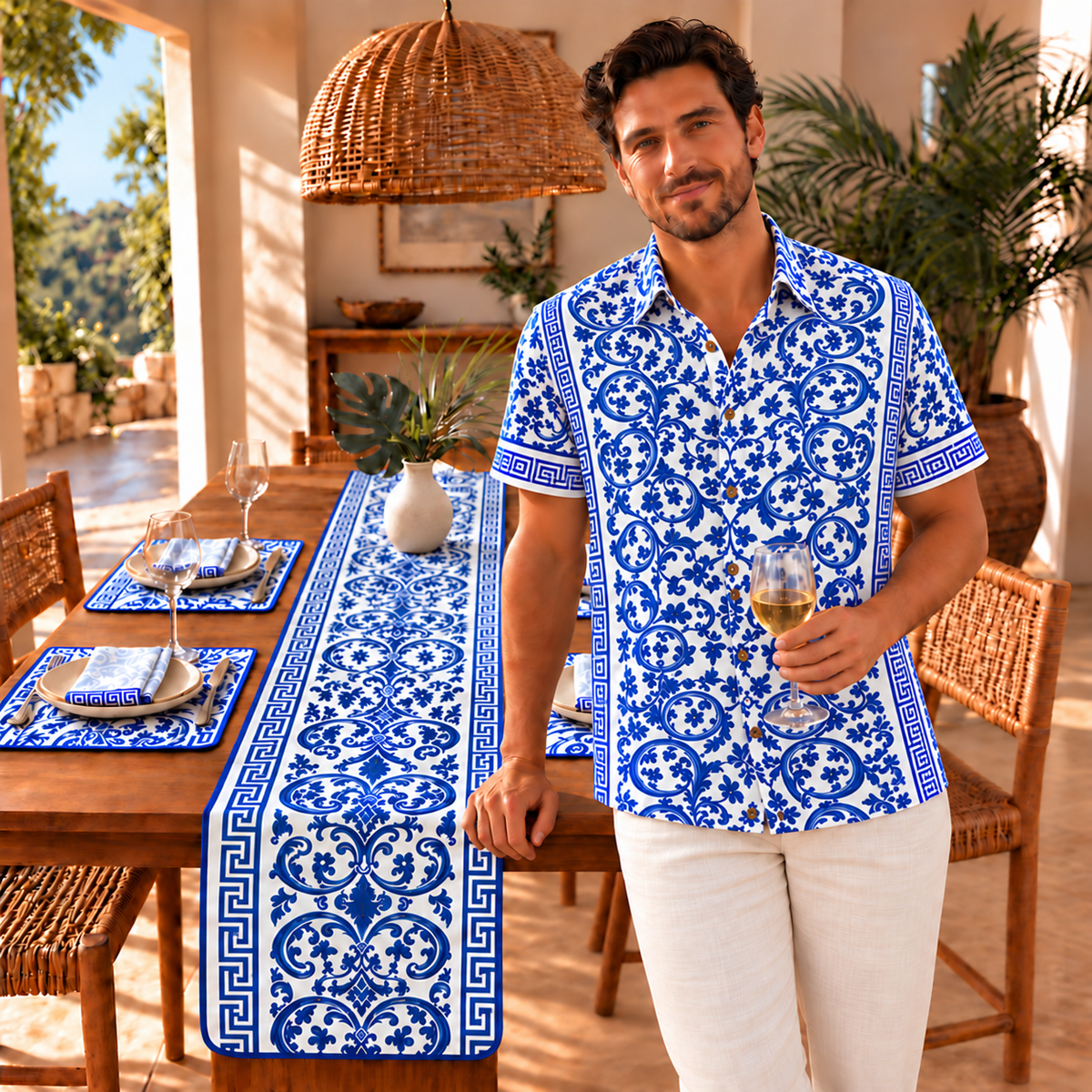 Man wearing the untucked Mykonos blue-and-white short-sleeve button-up shirt with a straight masculine fit and cream linen trousers.