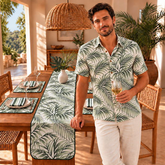 Palm Breeze short-sleeve button-up shirt worn untucked with cream linen trousers, beside a coordinating Palm Breeze table setting.